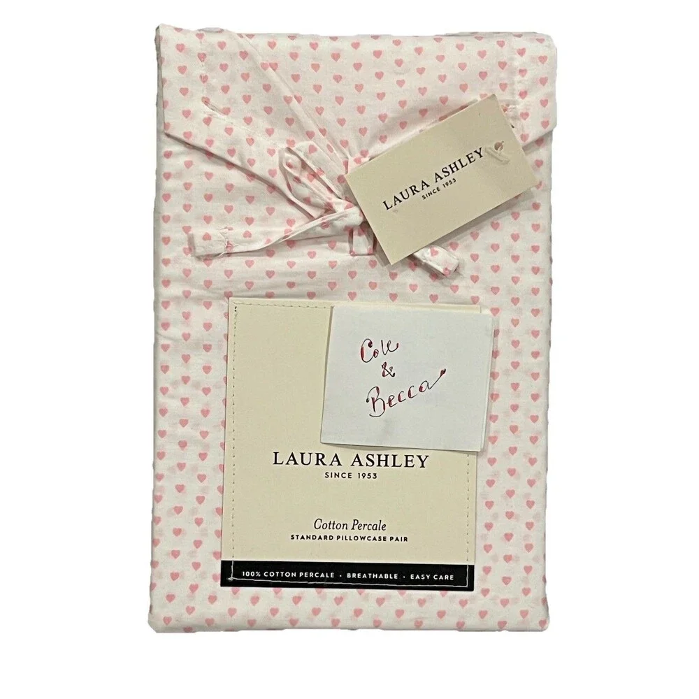 Laura Ashley HEART TO HEART Pink PILLOWCASE Pair Cotton Percale New